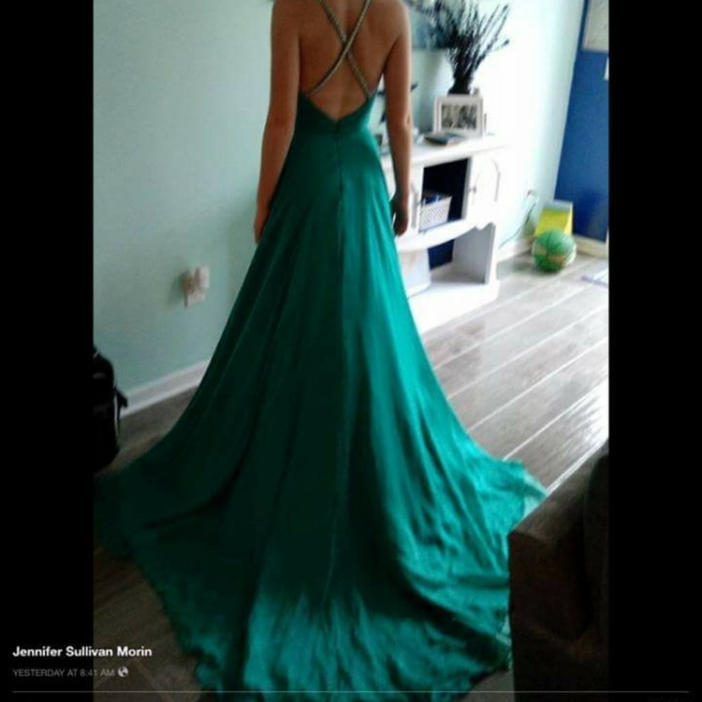 Jade green flowing train gown